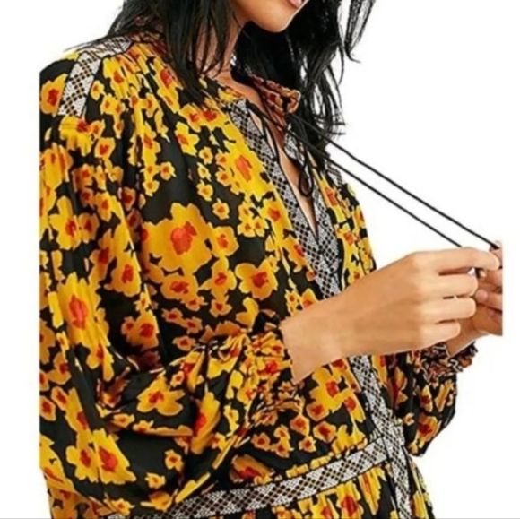 NWT Free People yellow black balloon sleeve love letter hi/low tunic dress - Picture 2 of 13